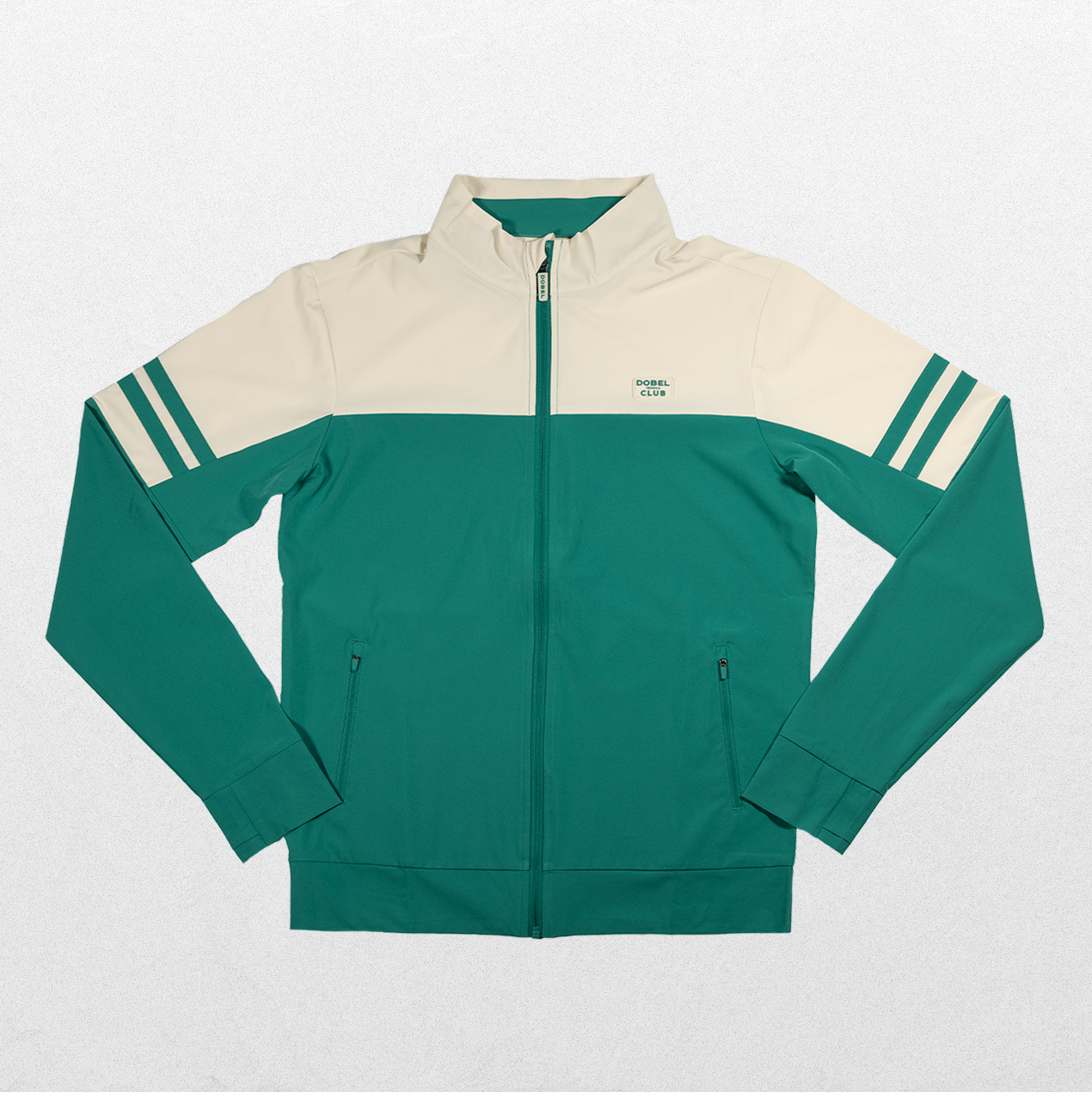 Front of two-tone cream and green full zip jacket.