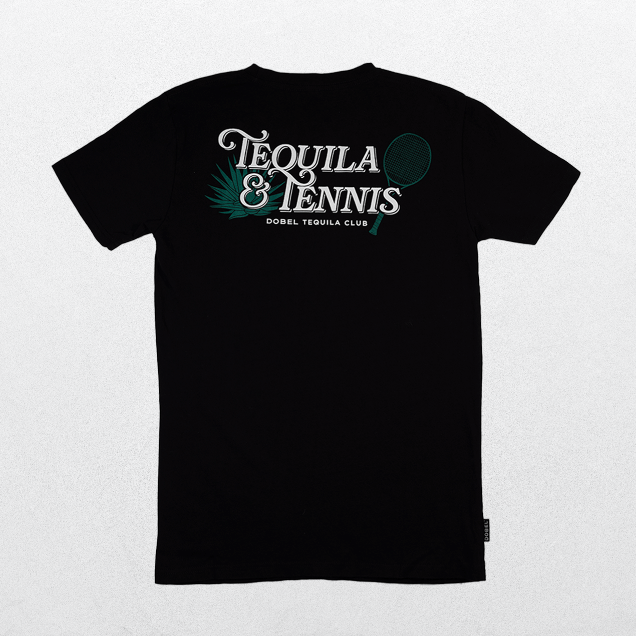 Back of shirt with large "Tequila & Tennis" graphic.