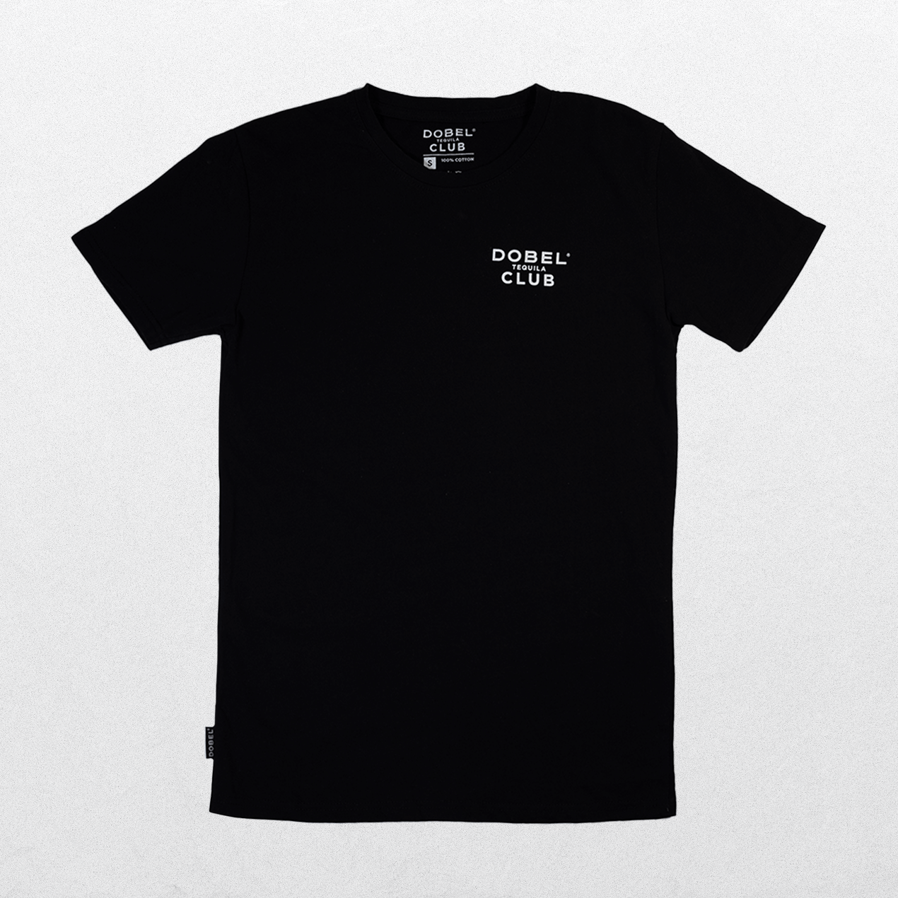 Front of black shirt with small Dobel Tequila Club logo.