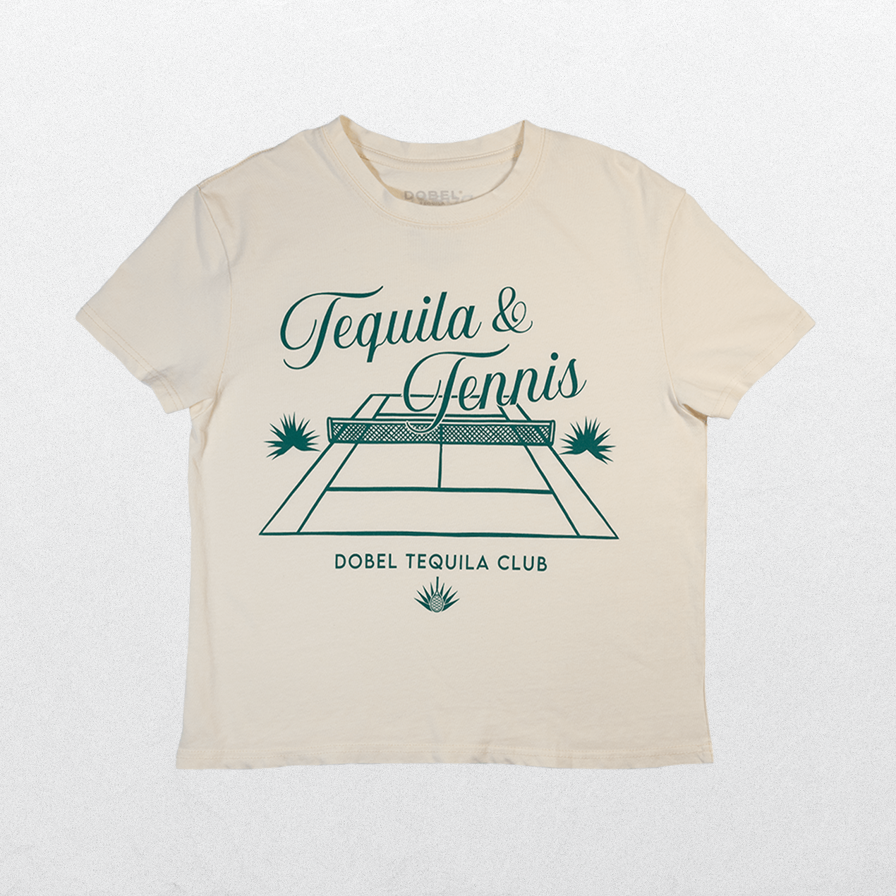 Front of cream mid-crop shirt with large "Tequila & Tennis" graphic.
