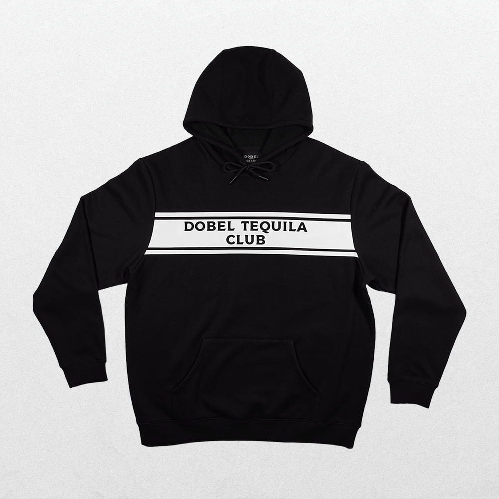 Front of black hoodie with Dobel Tequila Club graphic across chest.