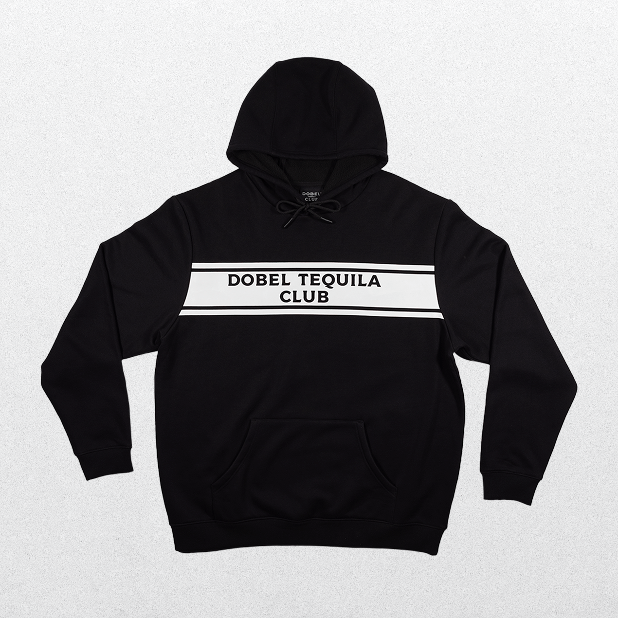 Front of black hoodie with Dobel Tequila Club graphic across chest.
