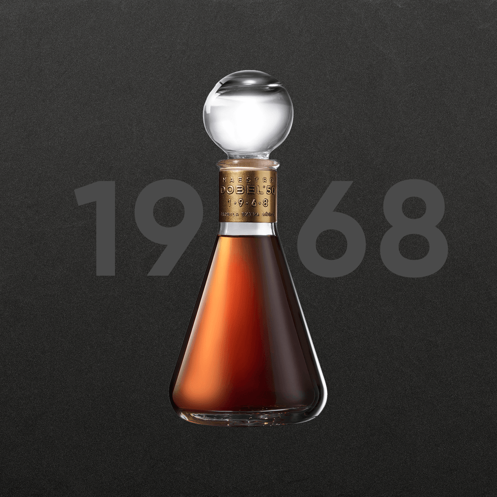 Dobel 50 Extra Añejo 1968 bottle with dark background and 1968 text.