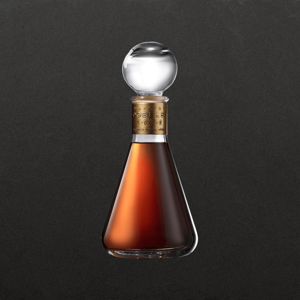 Dobel 50 Extra Añejo 1970 bottle with dark background.