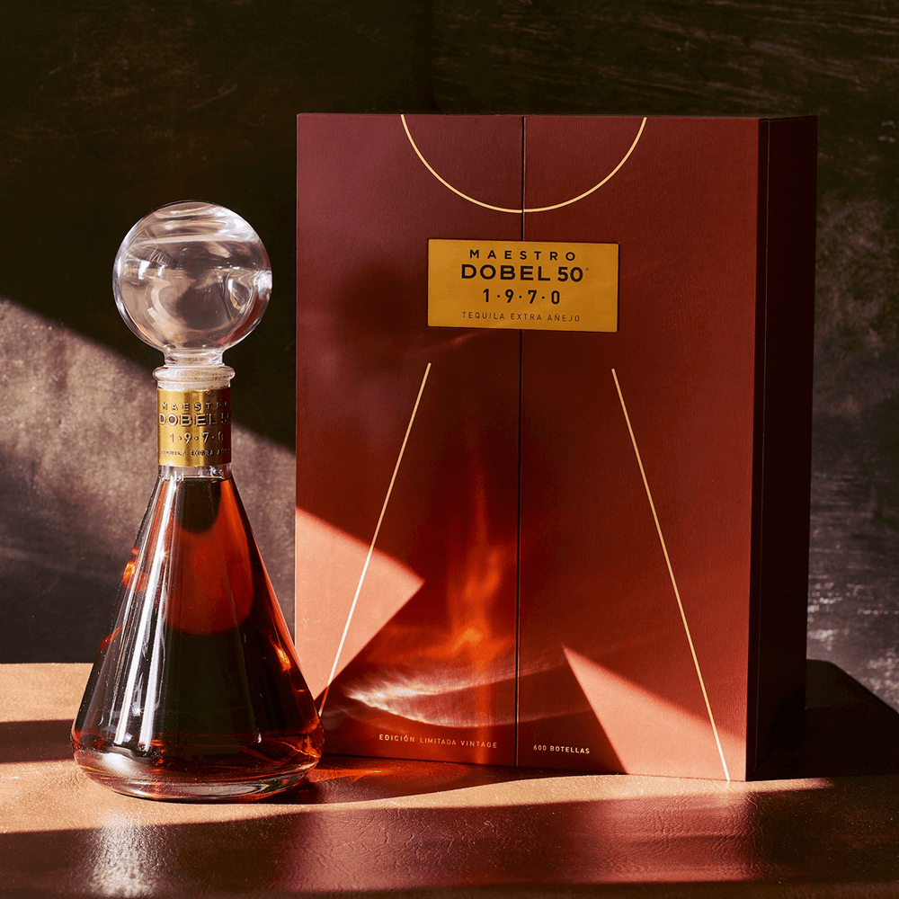 Dobel 50 Extra Añejo 1970 bottle with elegant box.