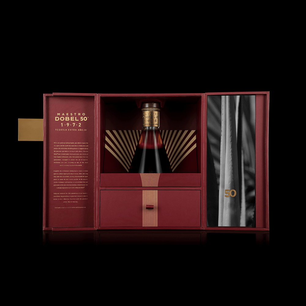 Dobel 50 Extra Añejo 1972 bottle inside open box.