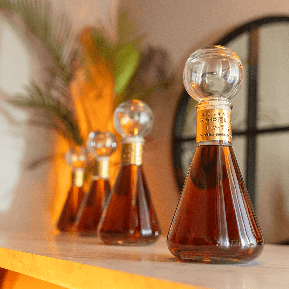 Dobel 50 Extra Añejo lineup, with 1974 bottle in the front.