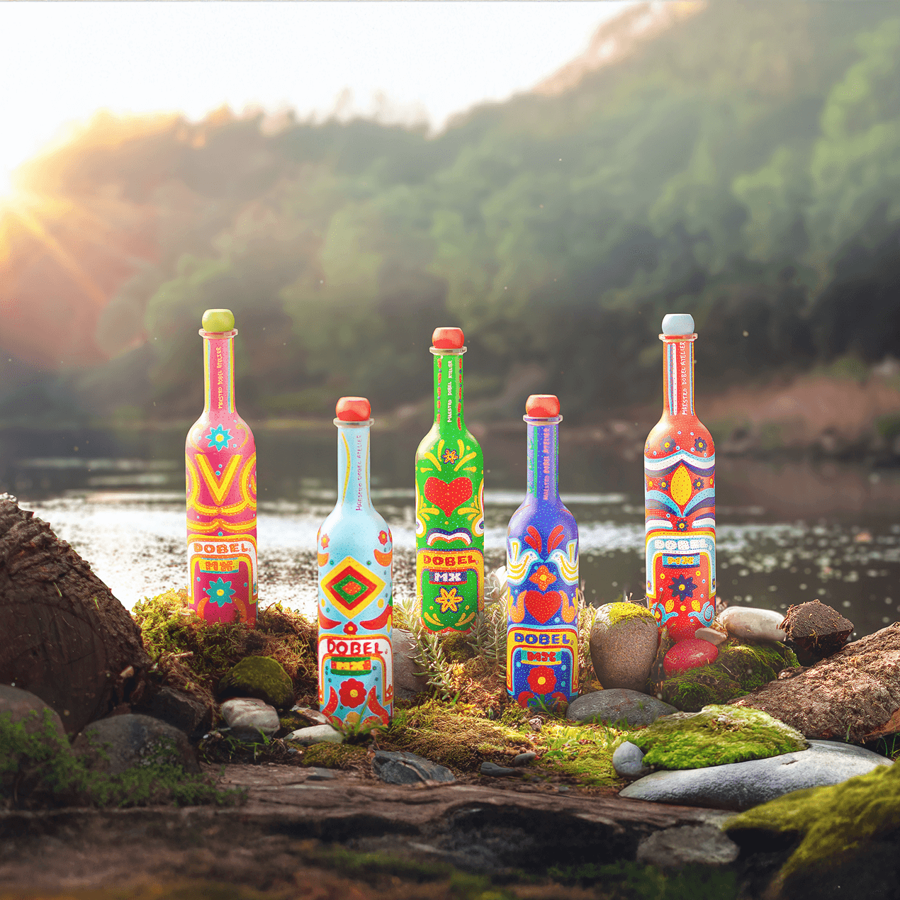 Dobel Atelier: Trajineras Edition five colorful bottles by the water.