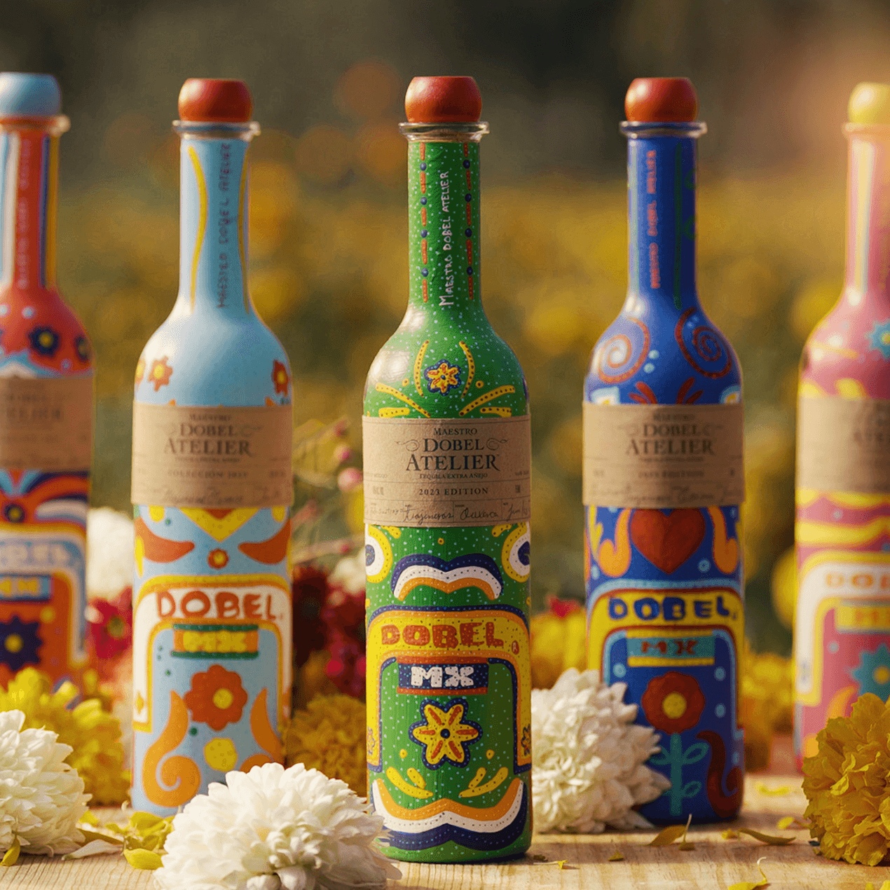 Dobel Atelier: Trajineras Edition colorful bottles among flowers.