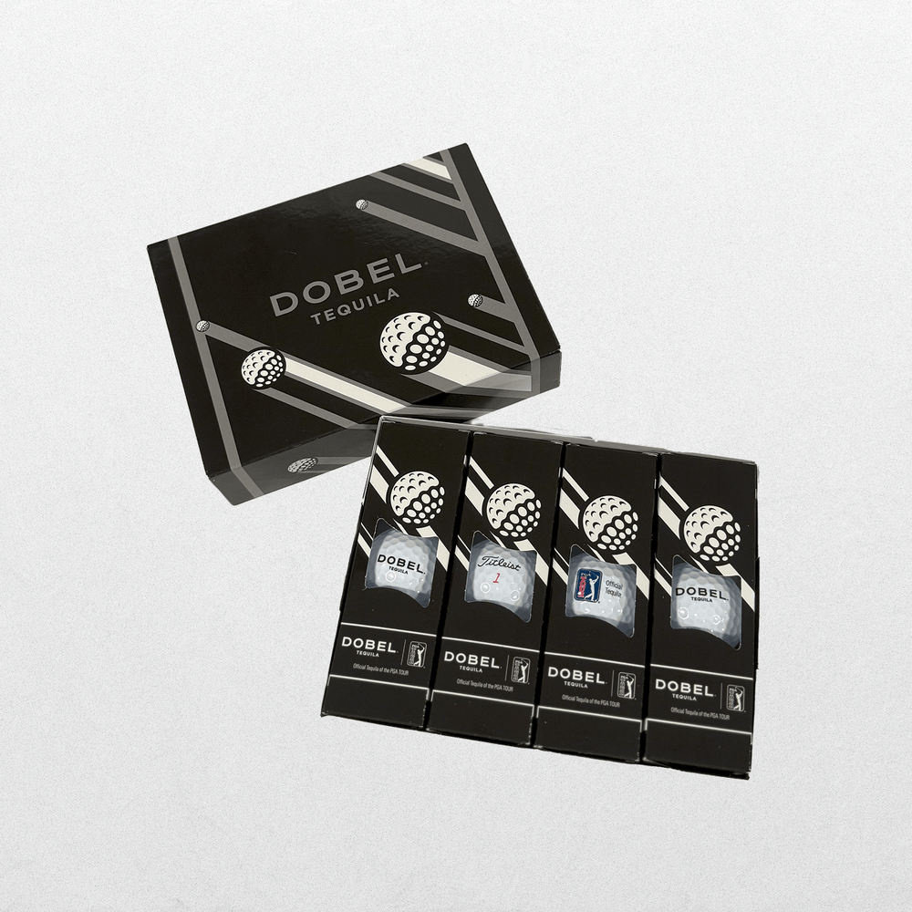Black Dobel-branded packaging for set of 12 Dobel Golf Balls.