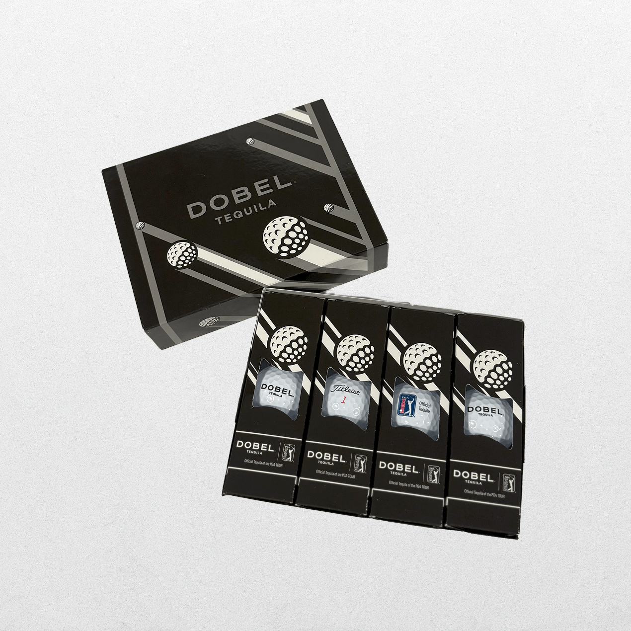 Black Dobel-branded packaging for set of 12 Dobel Golf Balls.