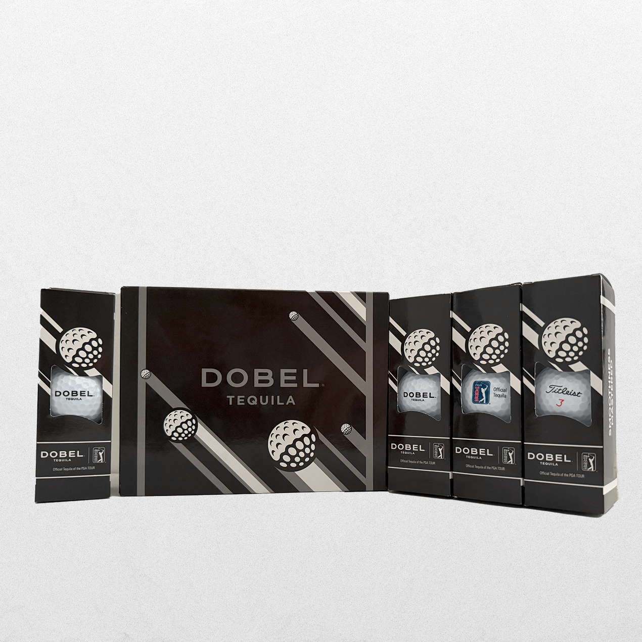Opened black Dobel-branded packaging for set of 12 Dobel Golf Balls.