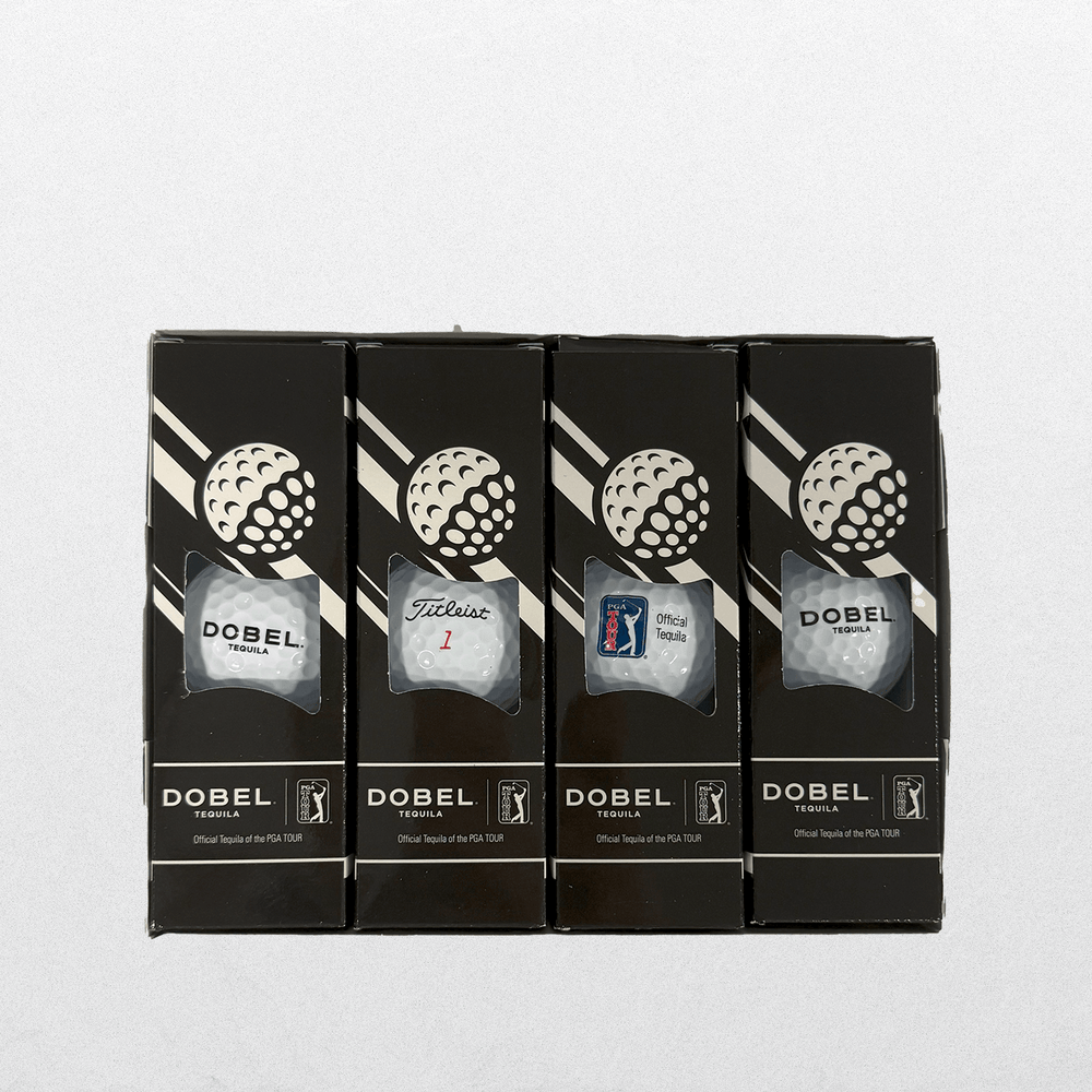 Up close view of boxes in Dobel-branded packaging for set of 12 Dobel Golf Balls.