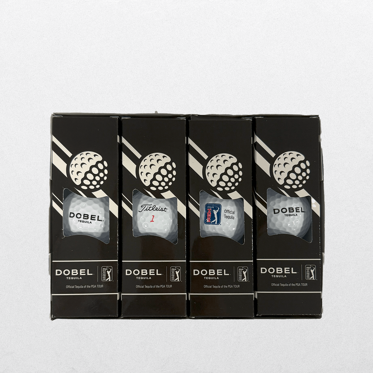 Up close view of boxes in Dobel-branded packaging for set of 12 Dobel Golf Balls.