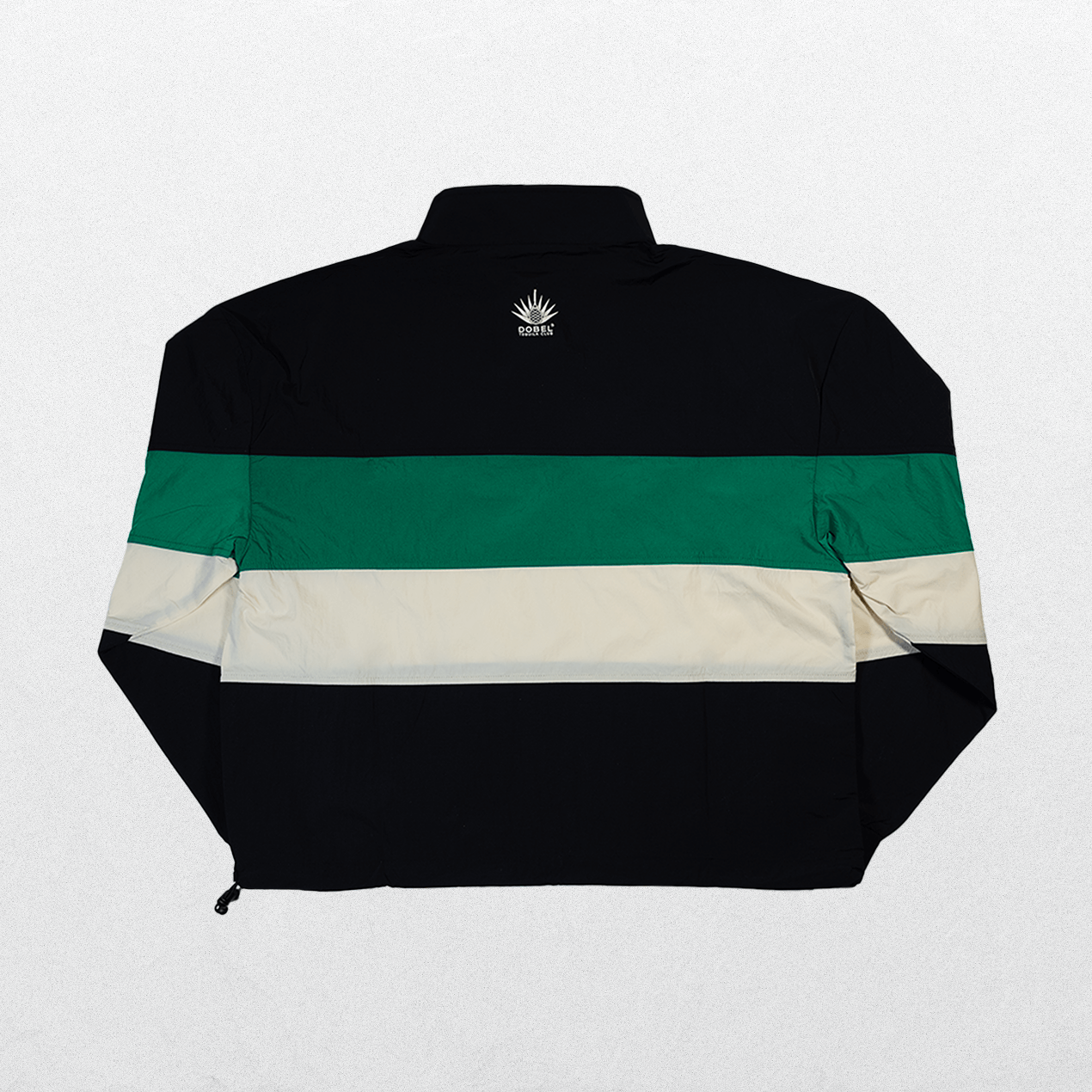 Back of Quarter-Zip windbreaker featuring black design with green and cream stripe.